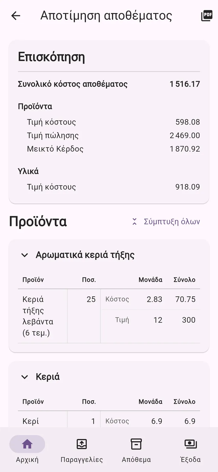 Οθόνη της εφαρμογής My Little Business: Αποτίμηση αποθέματος