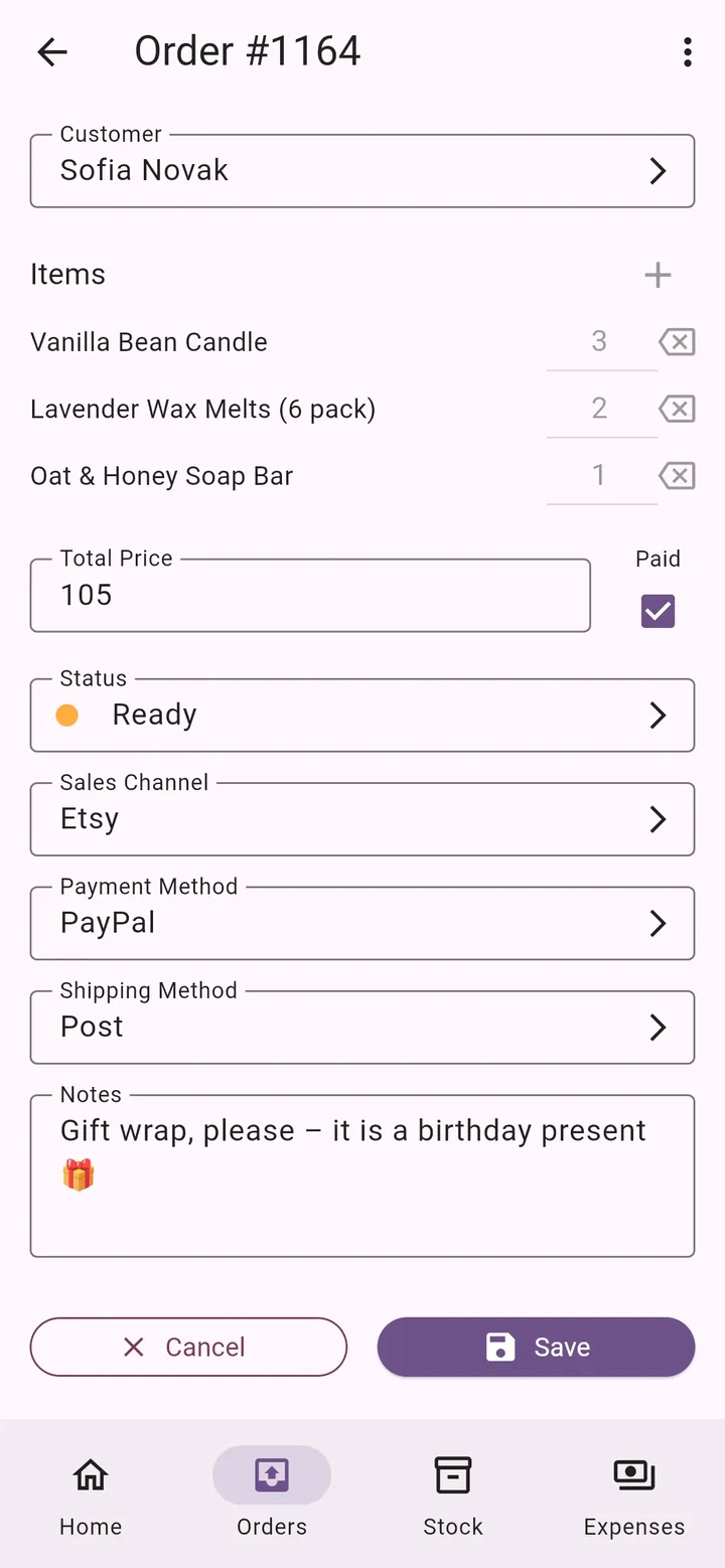 My Little Business app screen: Order details