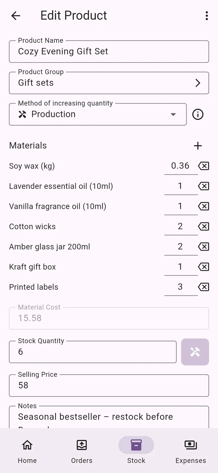 My Little Business app screen: Product made from materials
