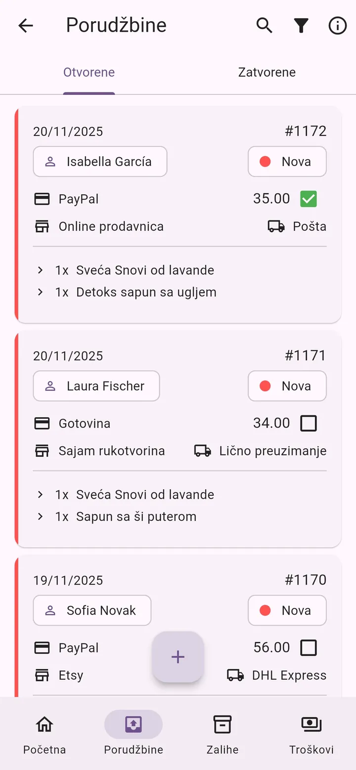 Ekran aplikacije Moj Mali Biznis: Porudžbine