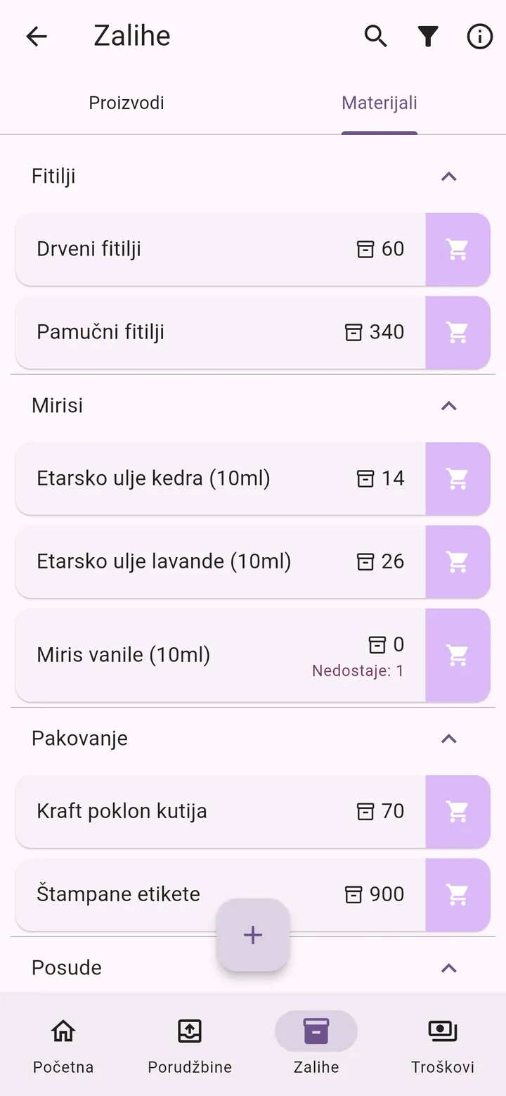 Ekran aplikacije Moj Mali Biznis: Materijali