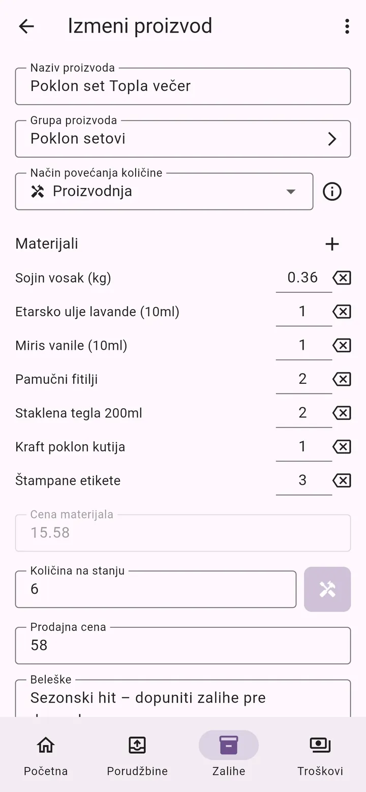 Ekran aplikacije Moj Mali Biznis: Proizvod od materijala